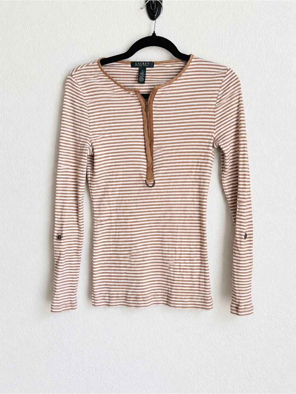100% Cotton Ralph Lauren Cream and Tan Striped Long-Sleeve Henley Y2K 2000s